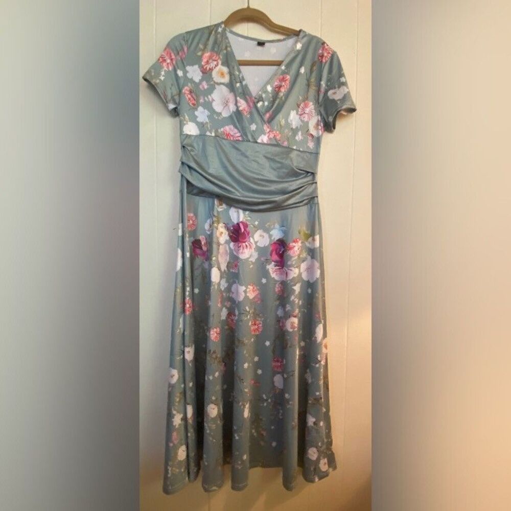 Women’s Dress Large Blue Floral Maxi Cottagecore High Waist Sash Party